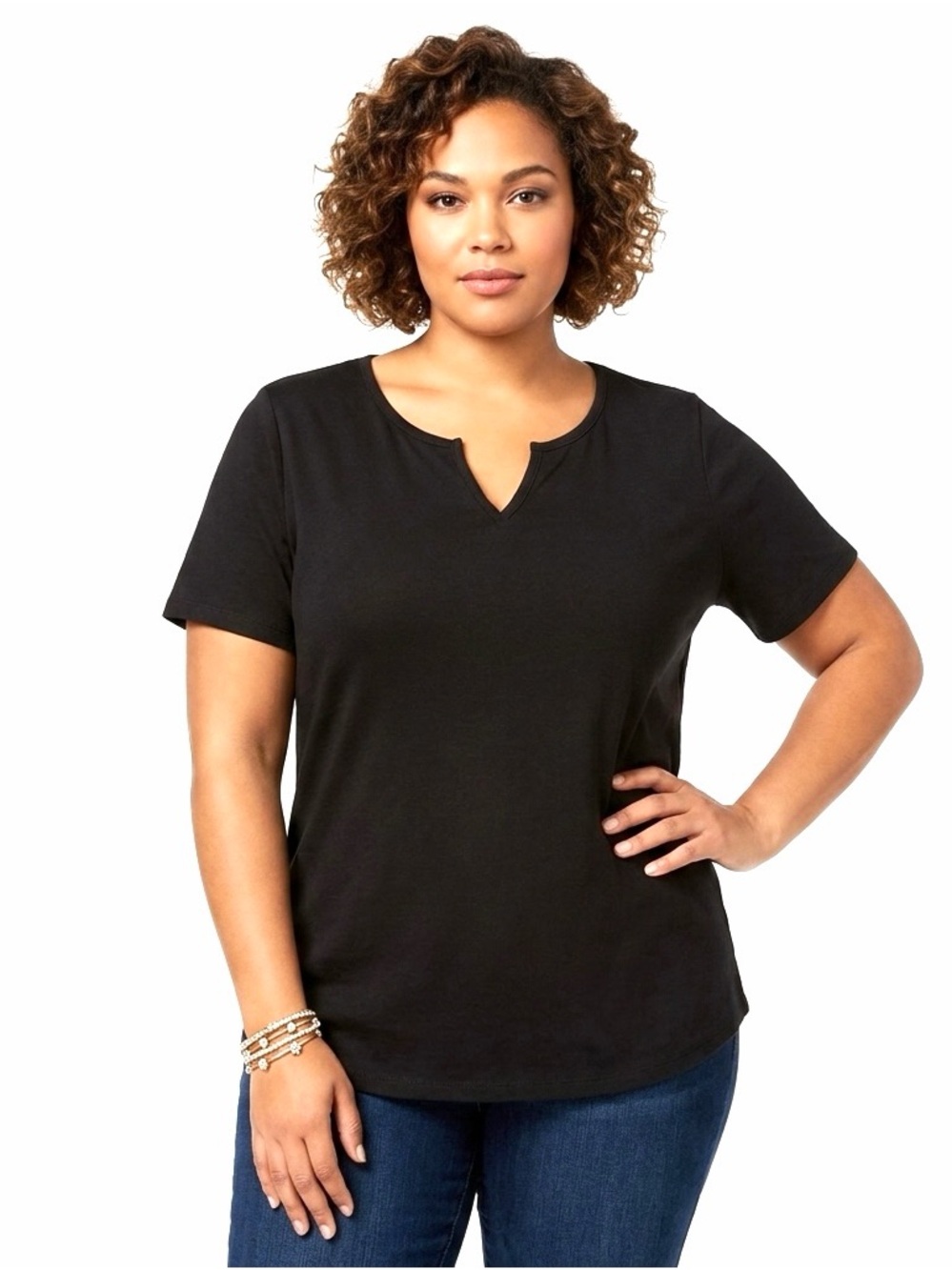 Terra & Sky Woman’s Activewear Comfy Black Short Sleeve Split Neck Top 14